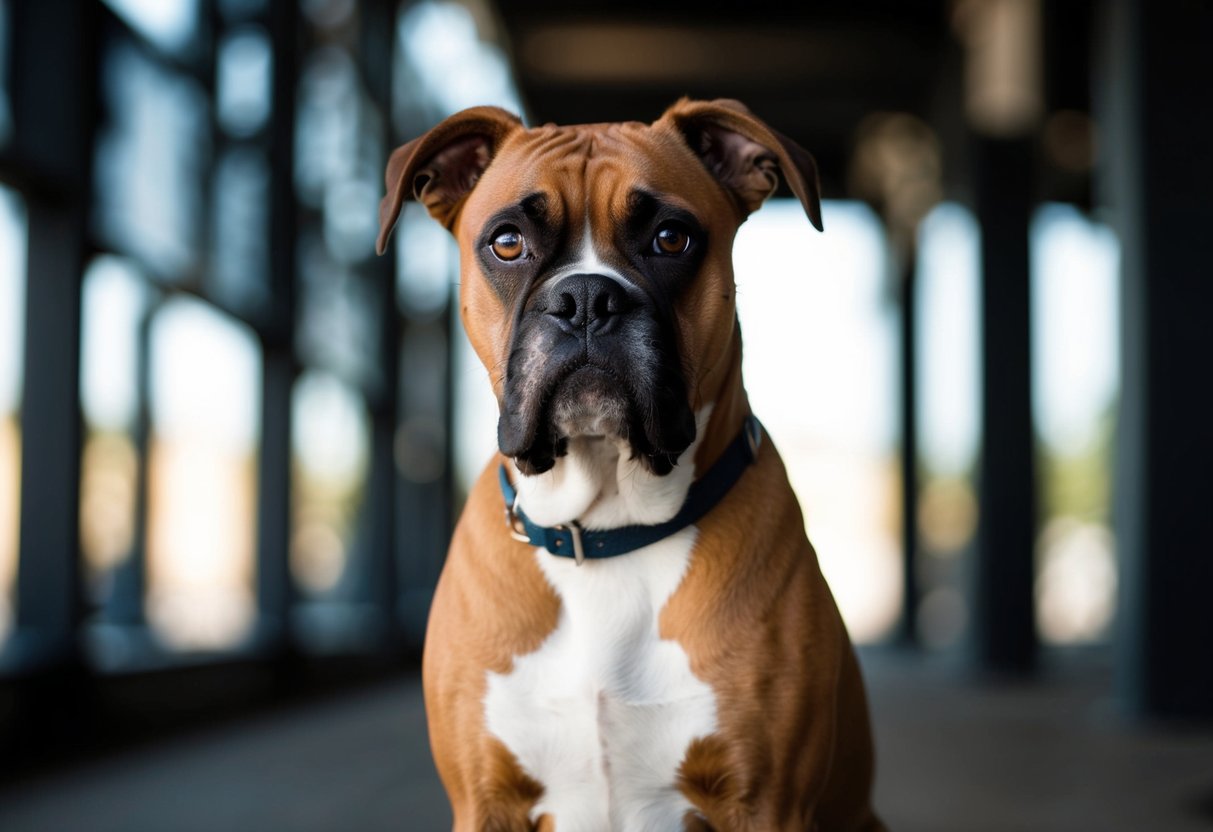 A boxer dog sits upright, gazing intently with its expressive eyes, head slightly tilted, and ears perked forward