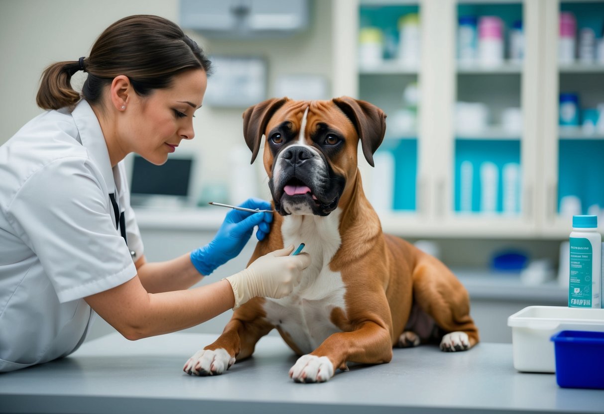 A boxer dog receiving a thorough check-up at a veterinary clinic, with a veterinarian examining its ears, teeth, and overall body condition