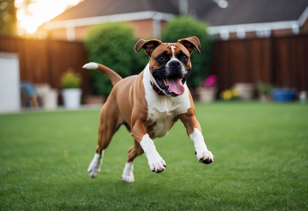 A boxer dog running and jumping in a spacious backyard, tail wagging and tongue lolling, with a look of excitement and energy in its eyes