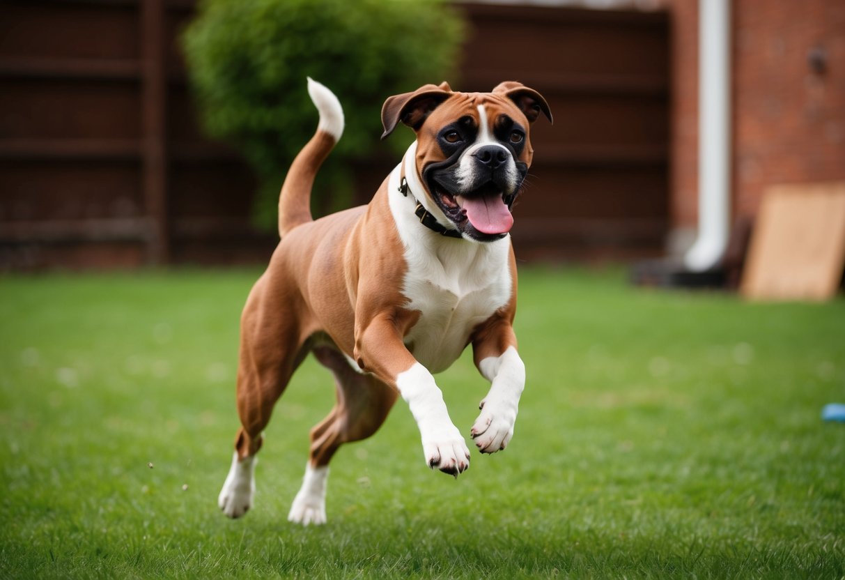 A boxer dog running and jumping in a backyard, tail wagging and tongue hanging out, with a look of excitement and energy in its eyes