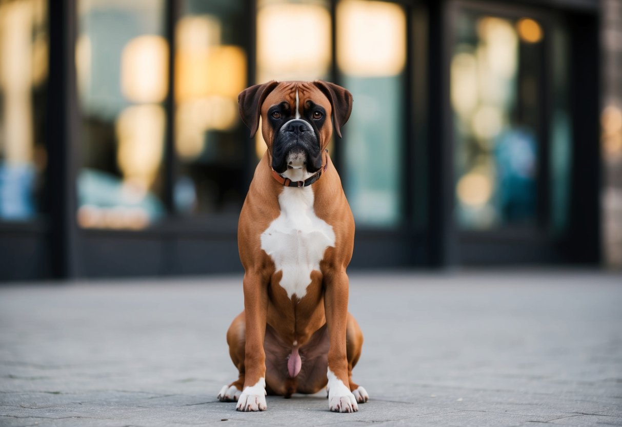 A boxer dog sitting attentively, gazing directly at the viewer with focused eyes and alert posture