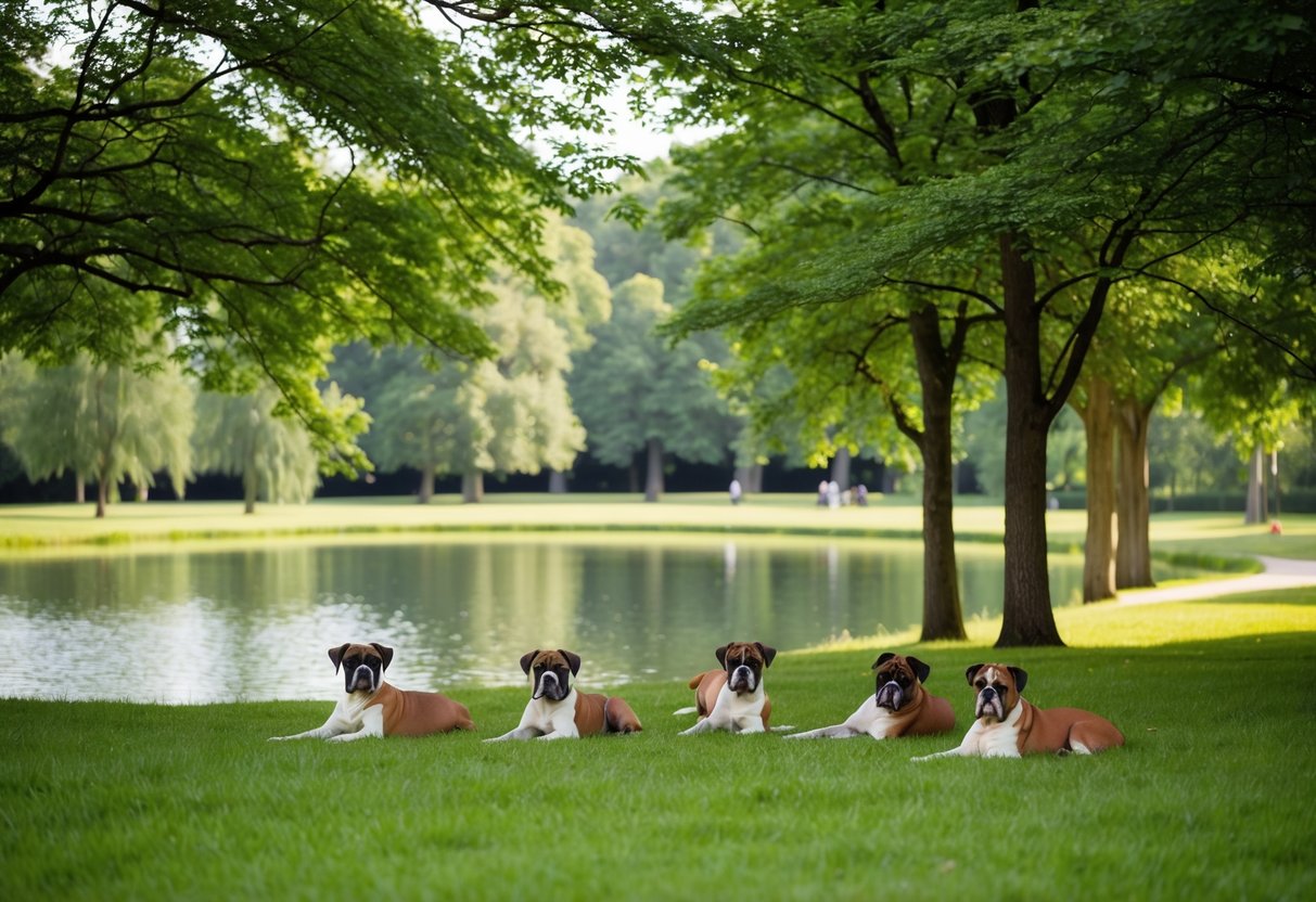 A tranquil park with a serene pond, shaded by tall trees, where a group of calm, contented boxers relax and play