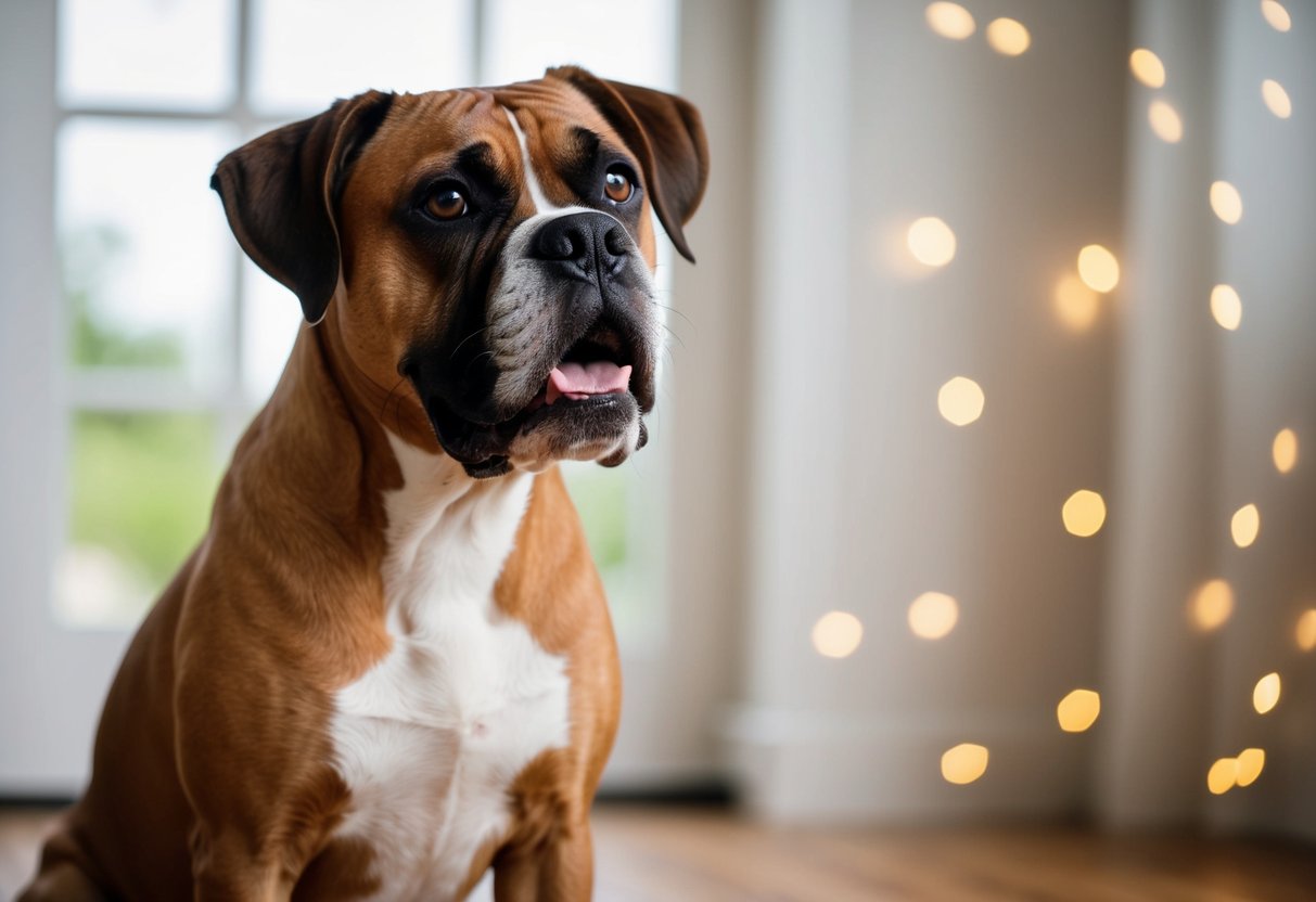 A boxer dog sits attentively, gazing up at its owner with a focused and intense stare, tail wagging eagerly