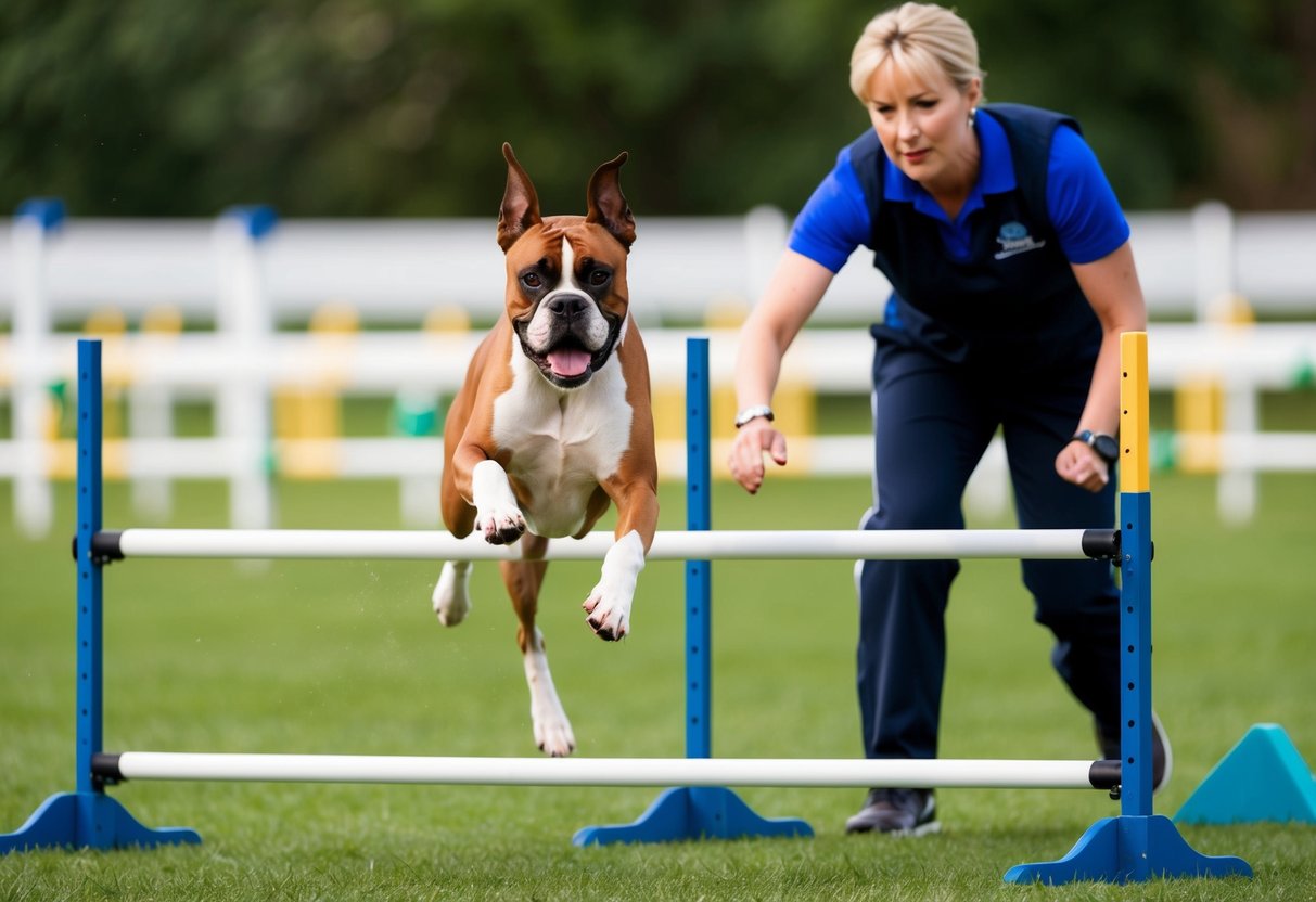A boxer dog eagerly jumps and runs through an agility course, with a focused trainer guiding the energetic animal through various exercise strategies