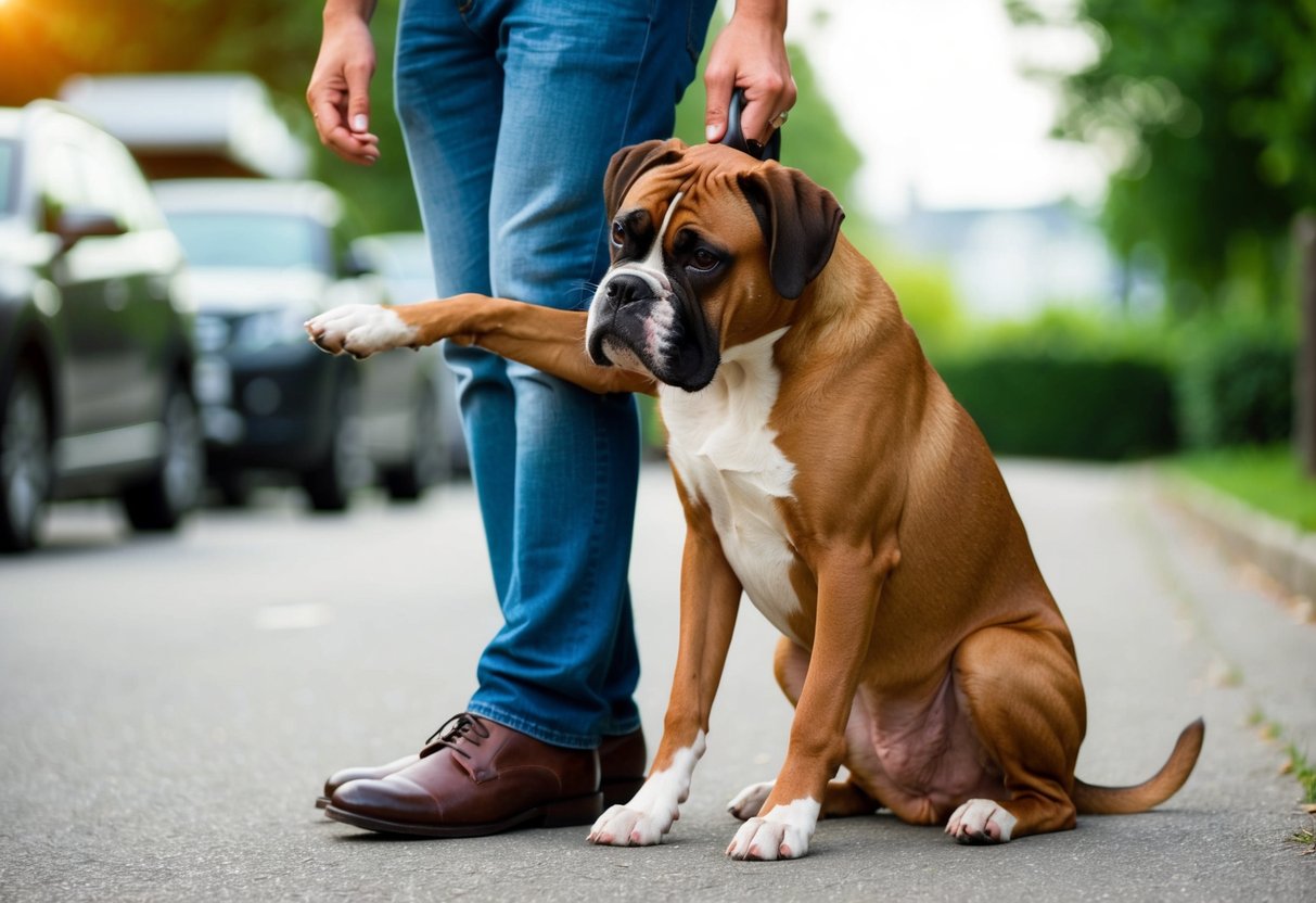 A boxer dog sits with a concerned expression, pawing at its owner's leg for attention