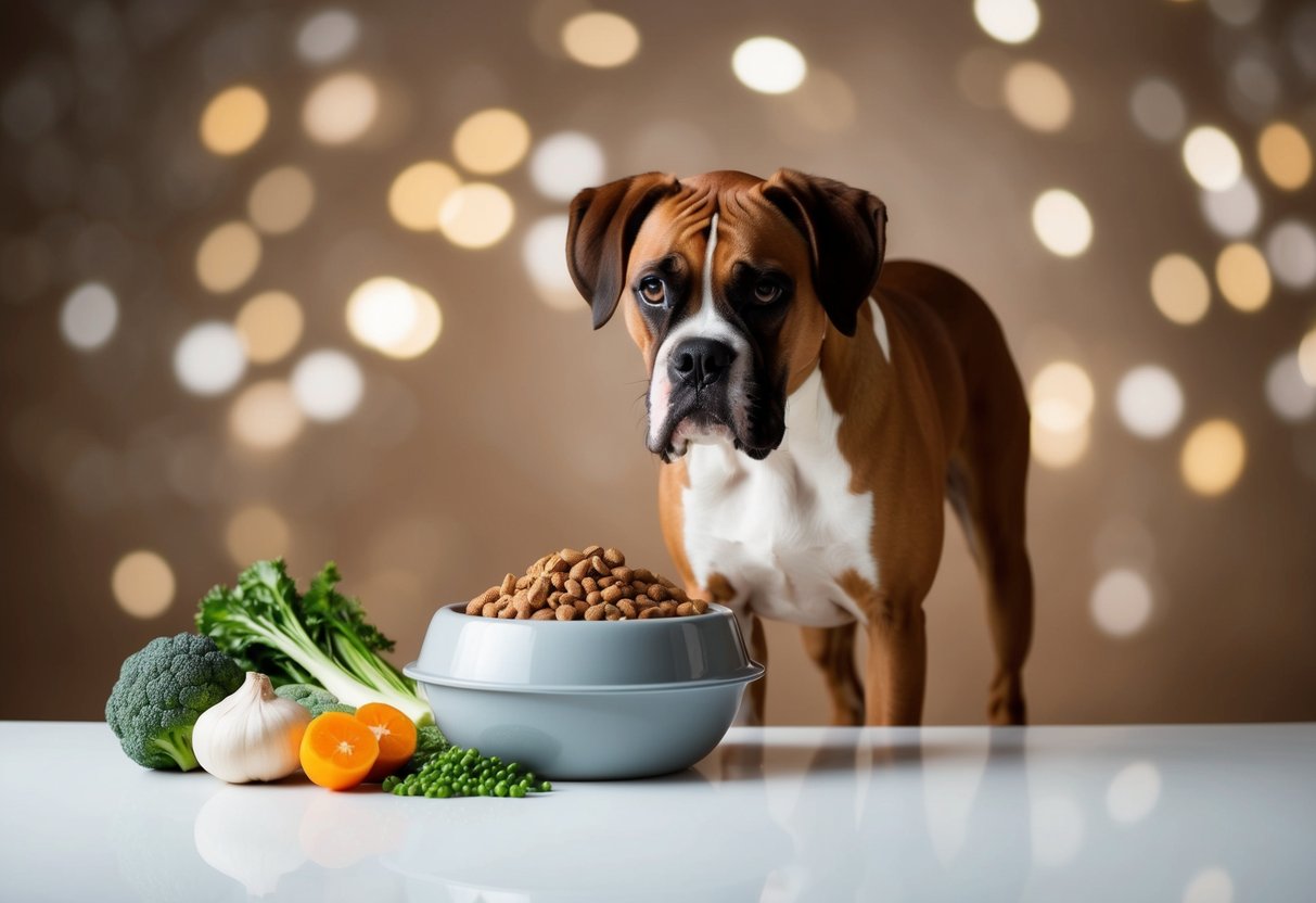 A boxer dog standing next to a bowl filled with high-quality dog food and fresh ingredients such as lean protein, vegetables, and grains