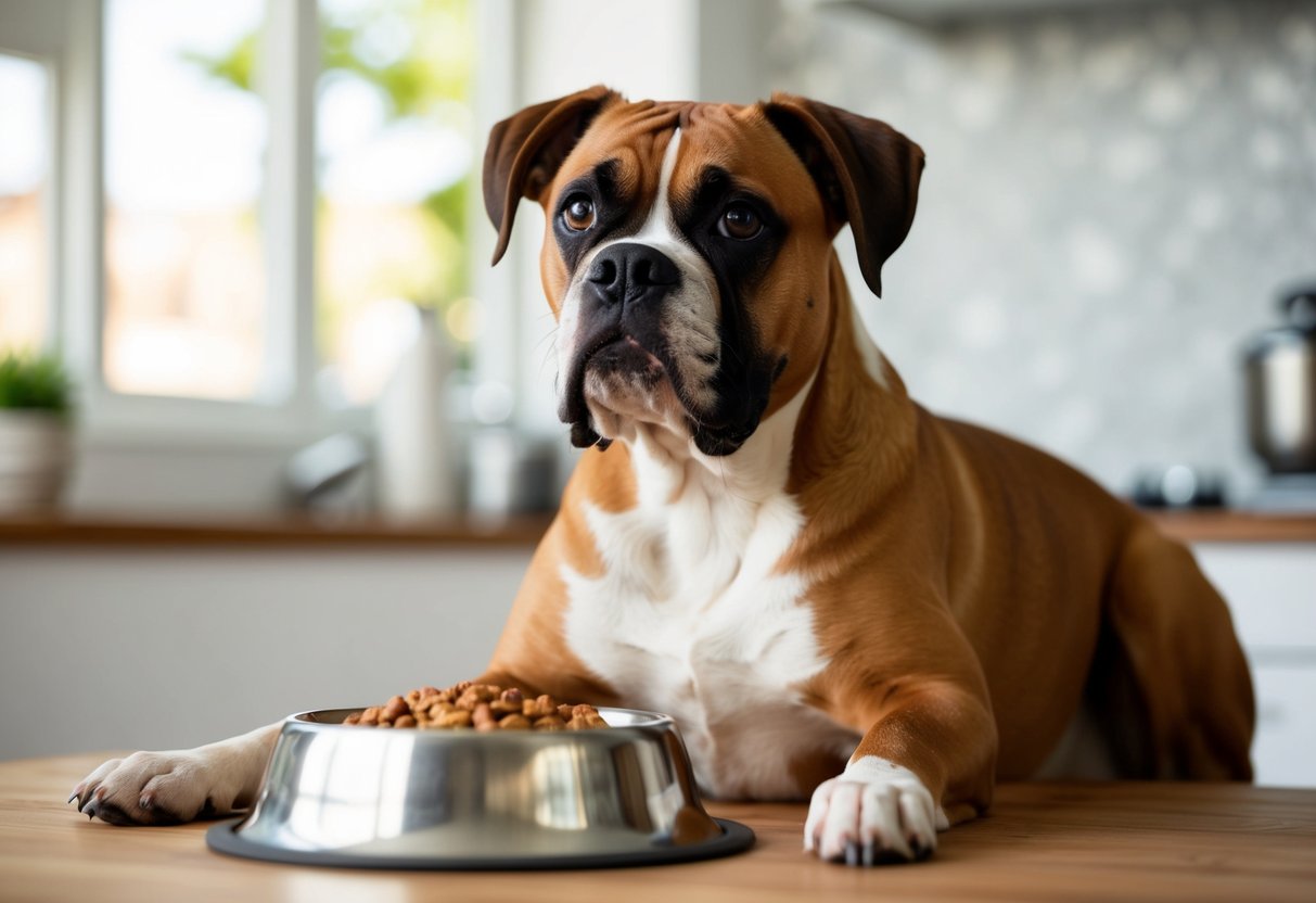 A boxer dog eagerly awaits his meal, sitting in front of a full food bowl with a hopeful expression