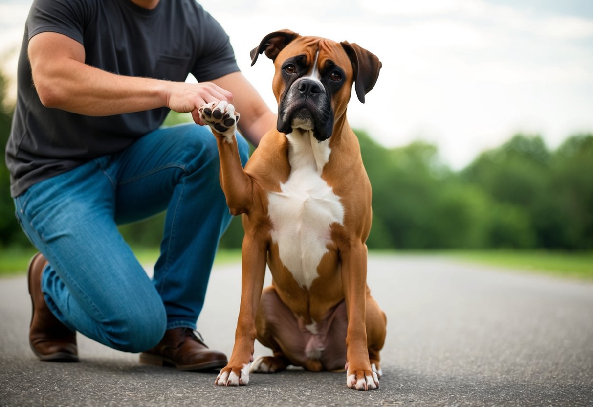A boxer dog sitting and looking up at their owner, reaching out with their paw towards the person's leg
