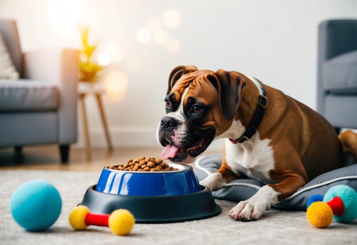 A boxer dog eagerly eats from a bowl of high-quality, age-appropriate dog food, surrounded by toys and a comfortable bed