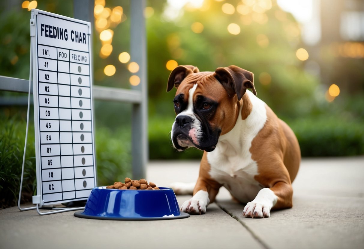 A boxer dog eagerly awaits beside a feeding chart, with a filled food bowl nearby