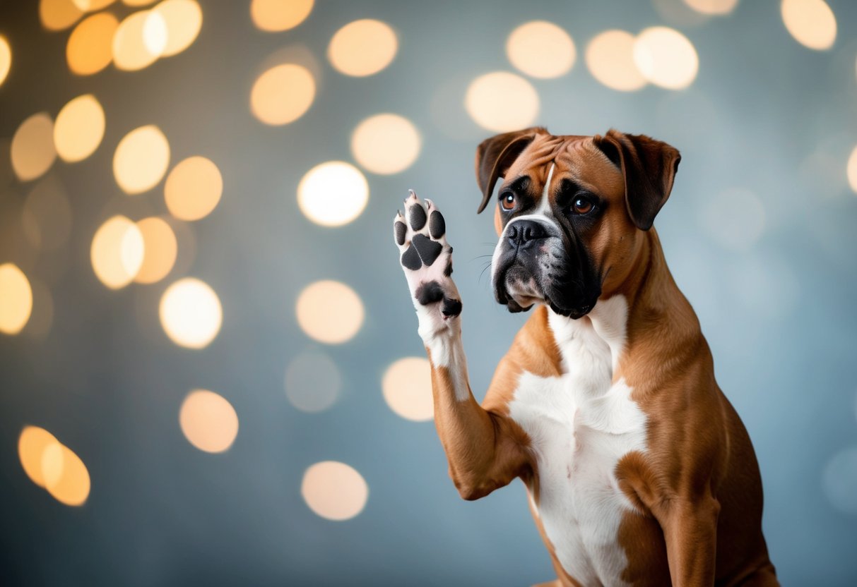 A boxer dog sits with a raised paw, looking expectantly at the viewer