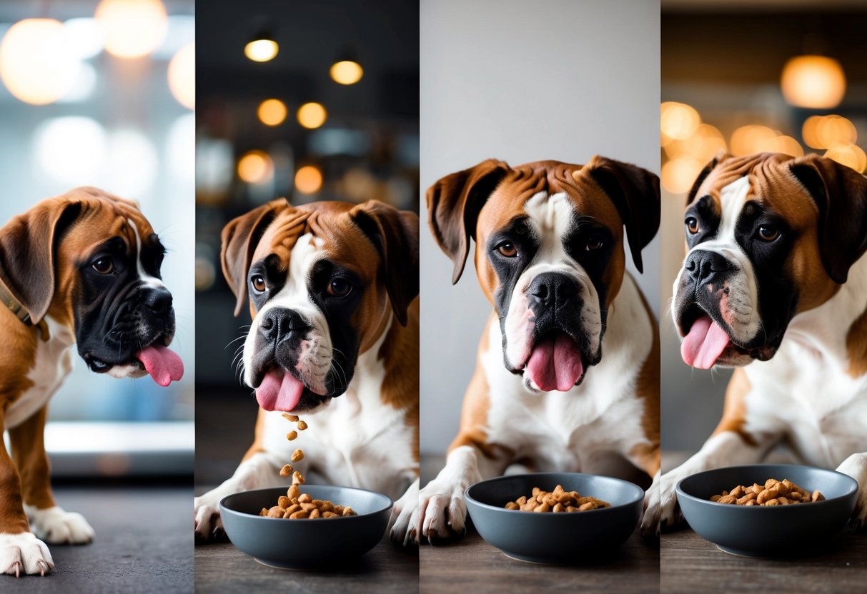 A boxer dog eating from a bowl at different life stages: puppy, adult, senior