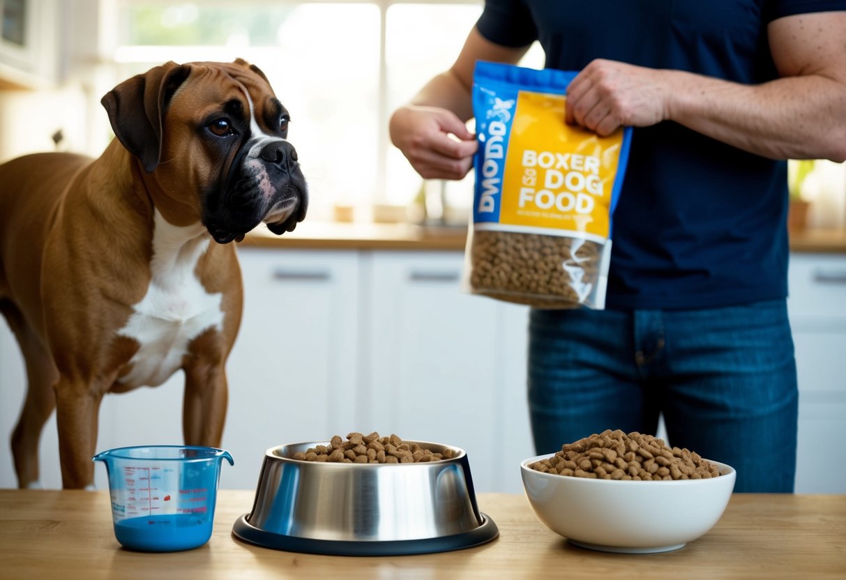 A boxer dog stands beside a full food bowl, with a measuring cup nearby. The dog looks expectantly at the food, while the owner holds a bag of dog food