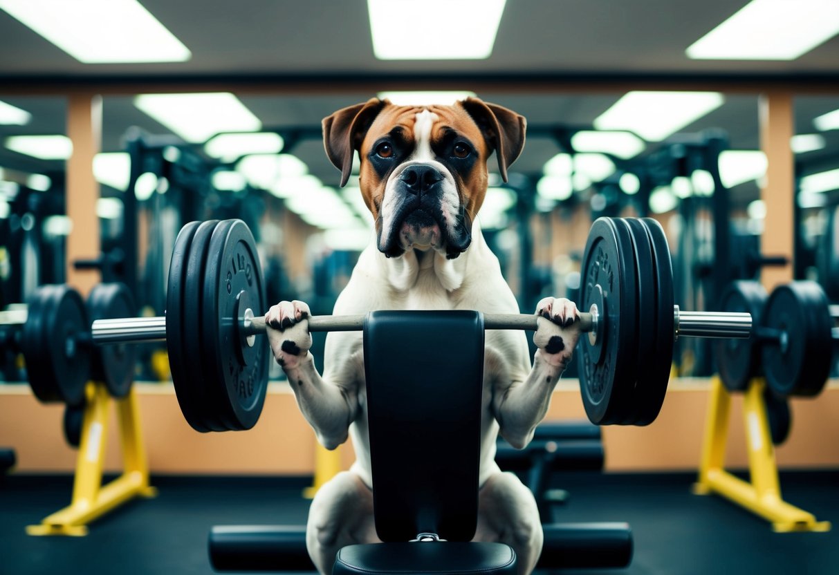 A boxer dog lifting weights in a gym, surrounded by exercise equipment and mirrors