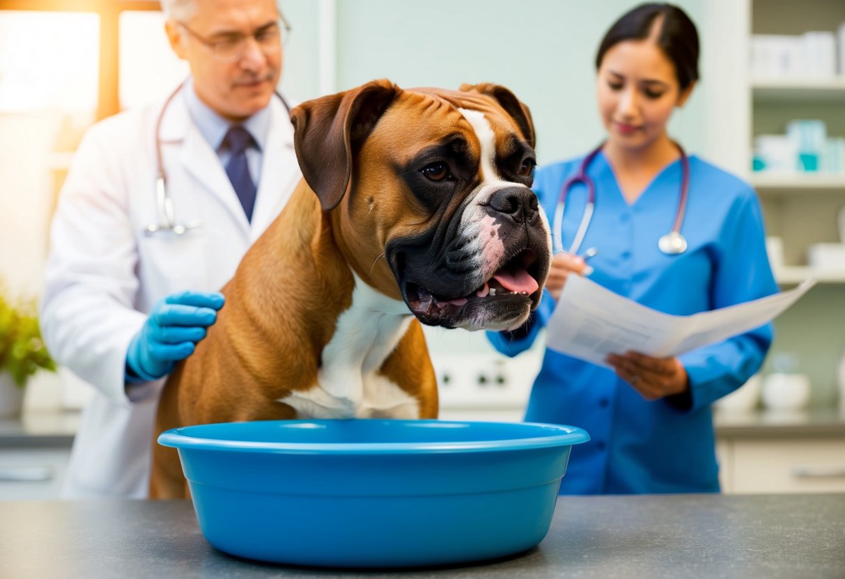 A boxer dog panting heavily while drinking from a large water bowl, with a veterinarian in the background holding a chart and explaining to the owner