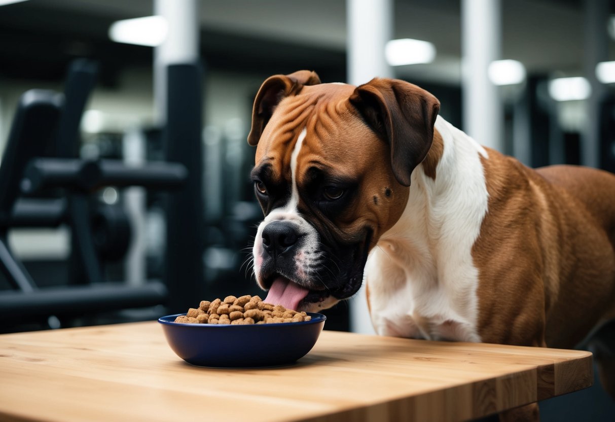 A boxer dog eating from a bowl of specialized muscle development dog food, with a toned and muscular physique