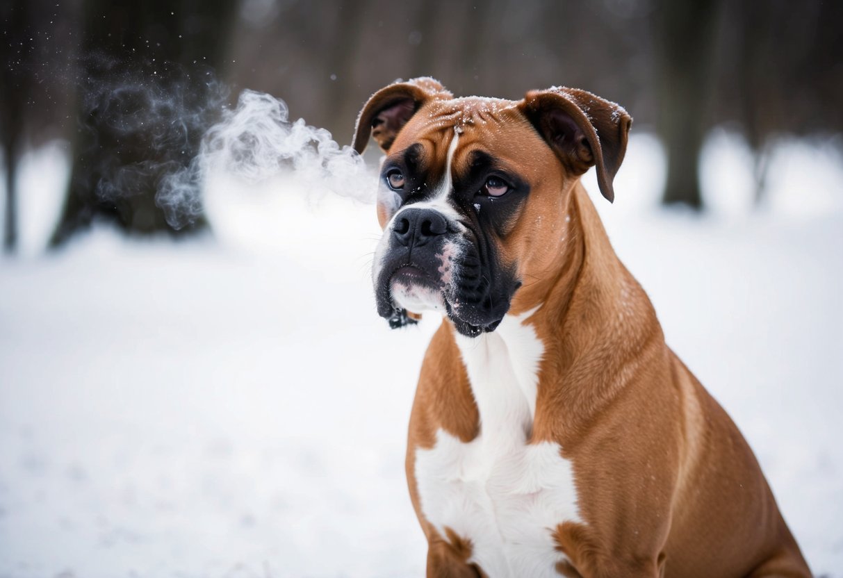 A boxer dog shivers in the snow, breath visible in the frigid air, ears and tail tucked tight against its body