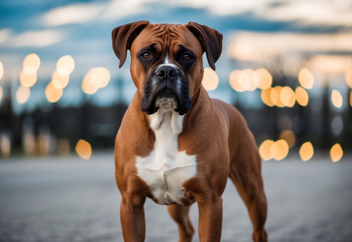 A muscular boxer dog standing confidently, with defined muscles and a strong, athletic build