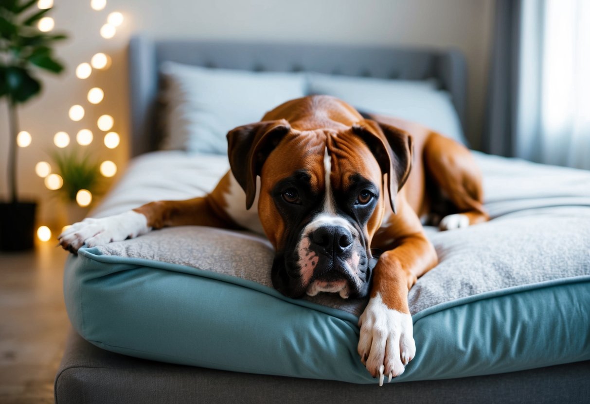 A boxer dog lying on a soft bed, surrounded by calming scents and soft music playing in the background