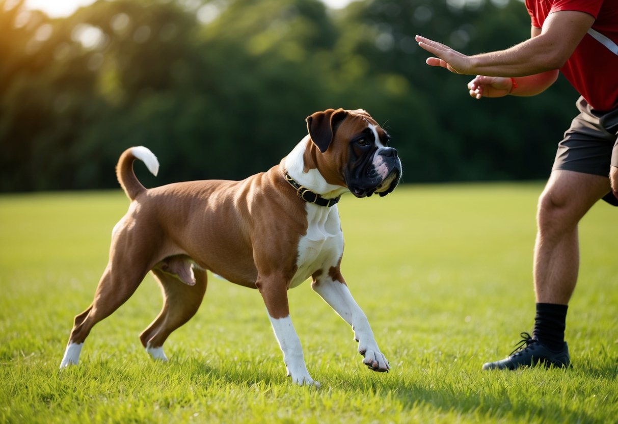 A boxer dog undergoing training exercises in a grassy field, with a trainer using hand signals and vocal commands