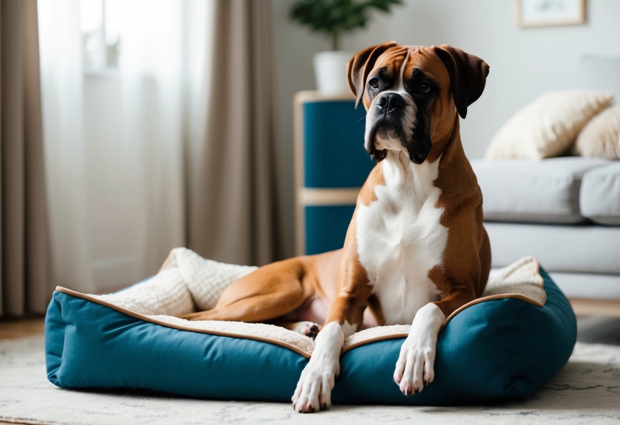 A boxer dog sits calmly with a relaxed posture, surrounded by calming objects like a cozy bed, soothing music, and a gentle touch