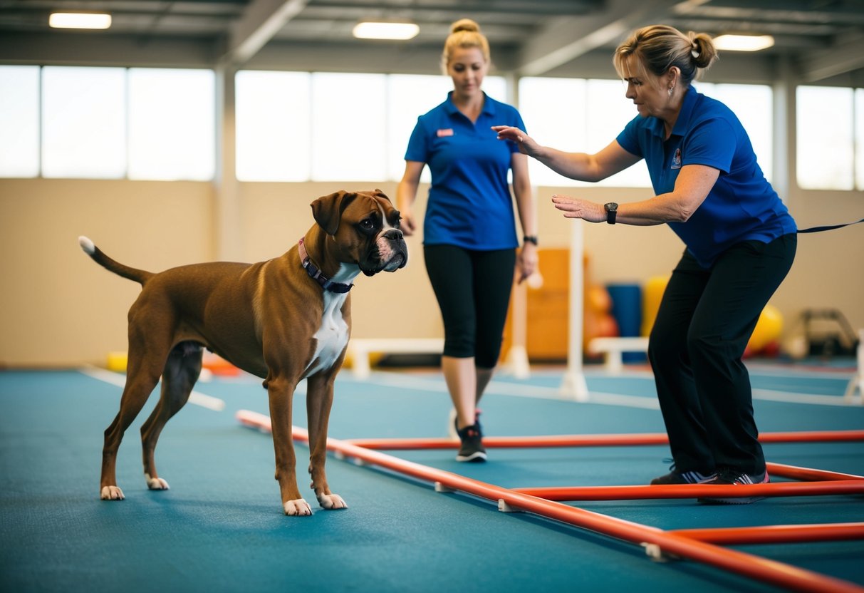 A boxer dog stands obediently as a trainer guides it through agility exercises in a spacious, well-lit training facility