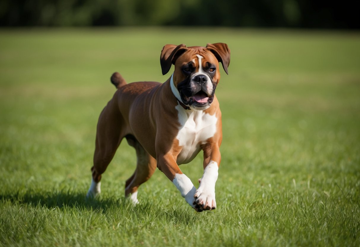 A playful boxer dog romps through a grassy field, its muscular build and alert expression capturing the breed's energetic and strong-willed nature