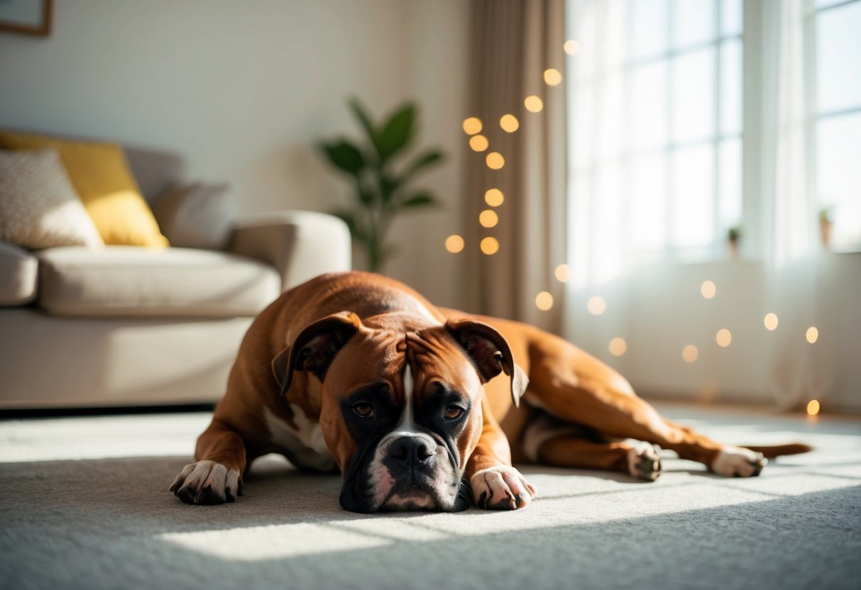 A boxer dog lying in a peaceful, sunlit room with soft, soothing music playing in the background