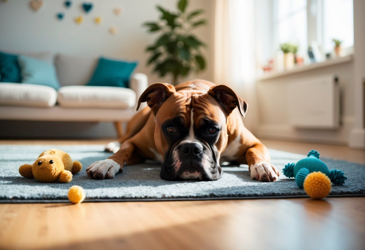 A boxer dog lying in a peaceful, sunlit room with soft music playing in the background, surrounded by calming scents and toys to help relieve stress