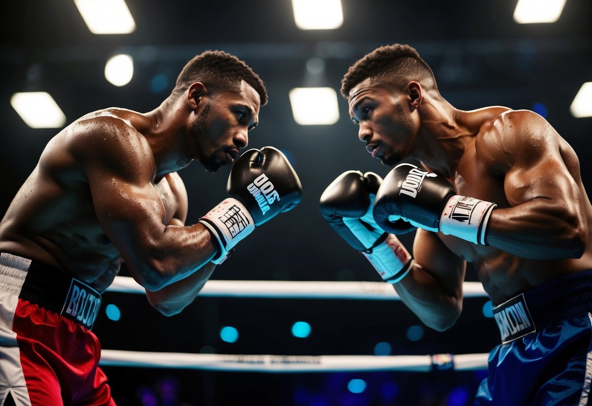 Two muscular boxers facing off in a ring, sweat glistening on their bodies, determined expressions on their faces