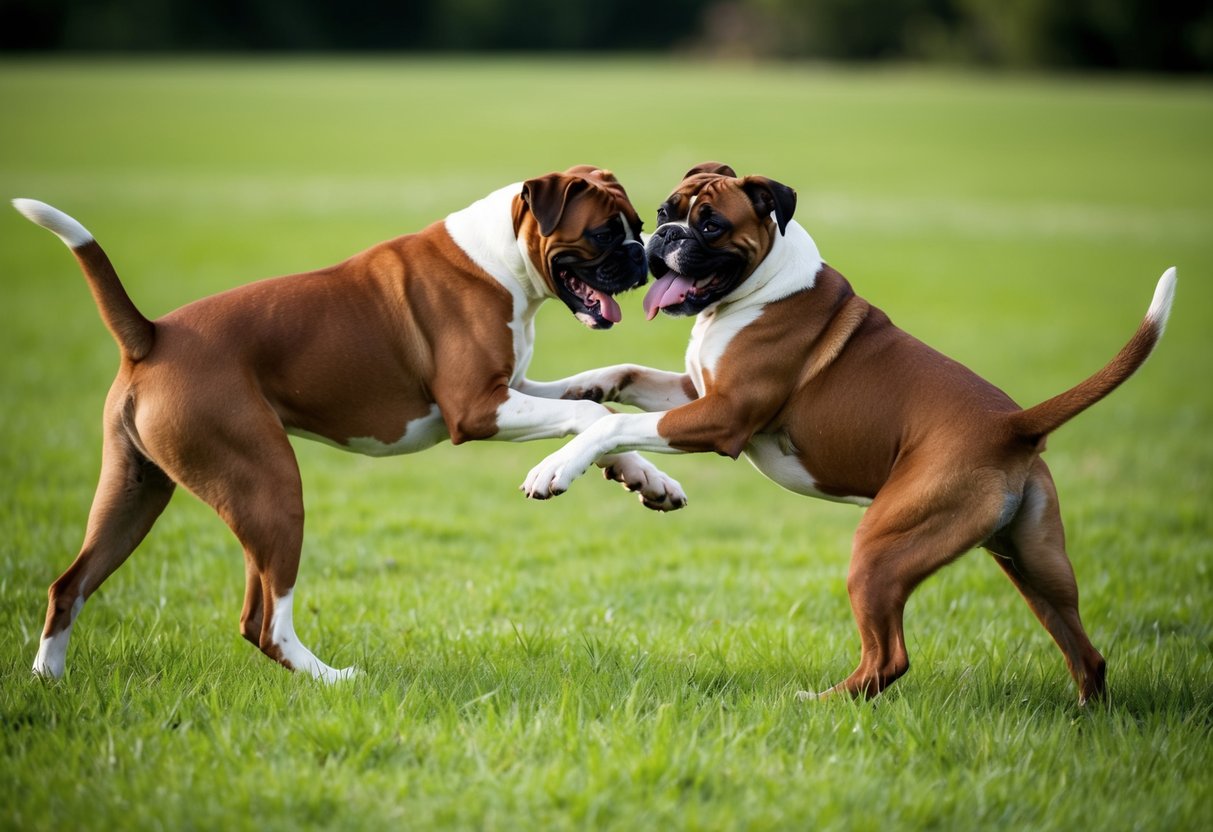 Two boxers playfully tussle in a grassy field, their tails wagging and tongues lolling. Their muscular bodies exude energy and confidence