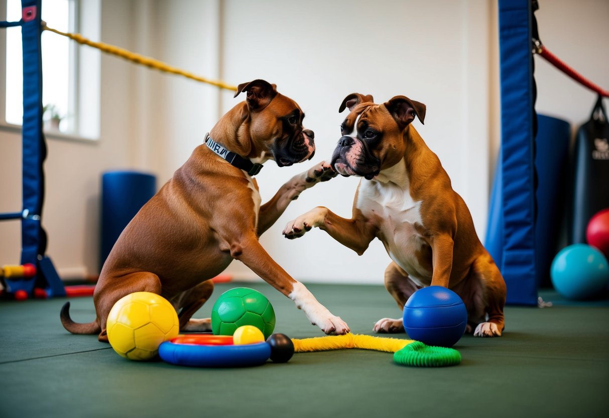 Two boxers playfully interacting in a training session, surrounded by toys and training equipment