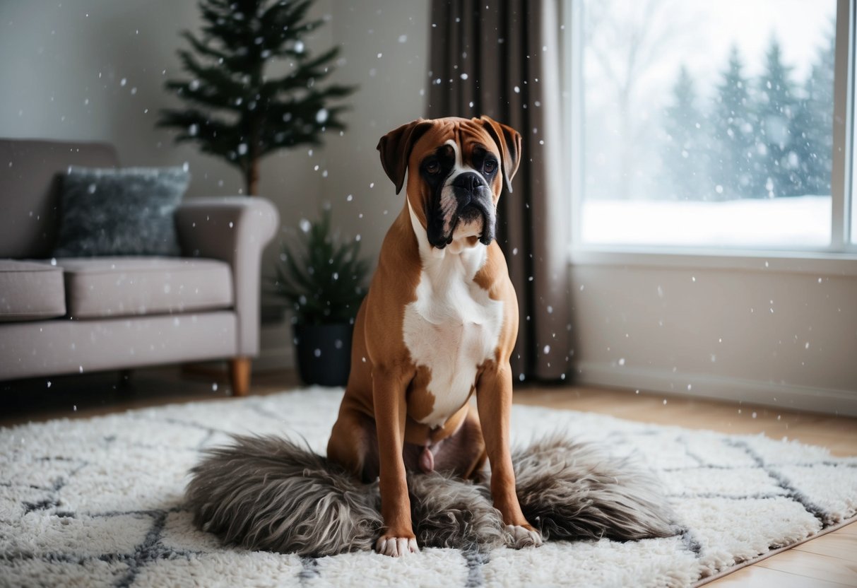 A boxer dog sits on a plush rug in a cozy living room, surrounded by tufts of fur. Outside, snow falls gently, as the dog's thick coat sheds in response to the winter cold