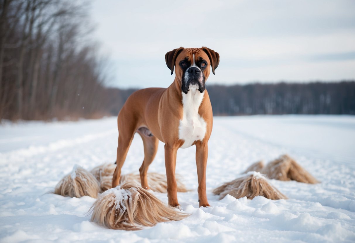A boxer dog stands in a snowy winter landscape, surrounded by piles of fur from excessive shedding
