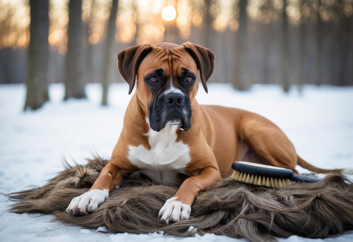 A boxer dog shedding fur in winter, surrounded by piles of hair and a brush nearby