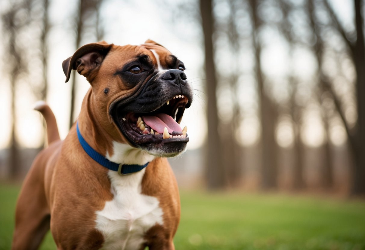 A boxer dog stands alert, teeth bared, and growling, ready to bite