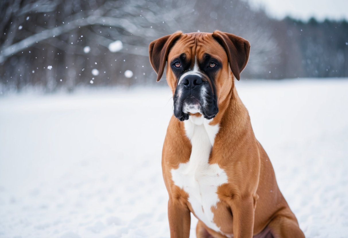 A boxer dog with a thick coat shedding fur in a snowy winter landscape