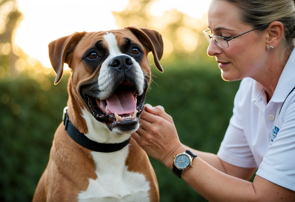 A boxer dog with open mouth, teeth visible, being gently corrected by a trainer
