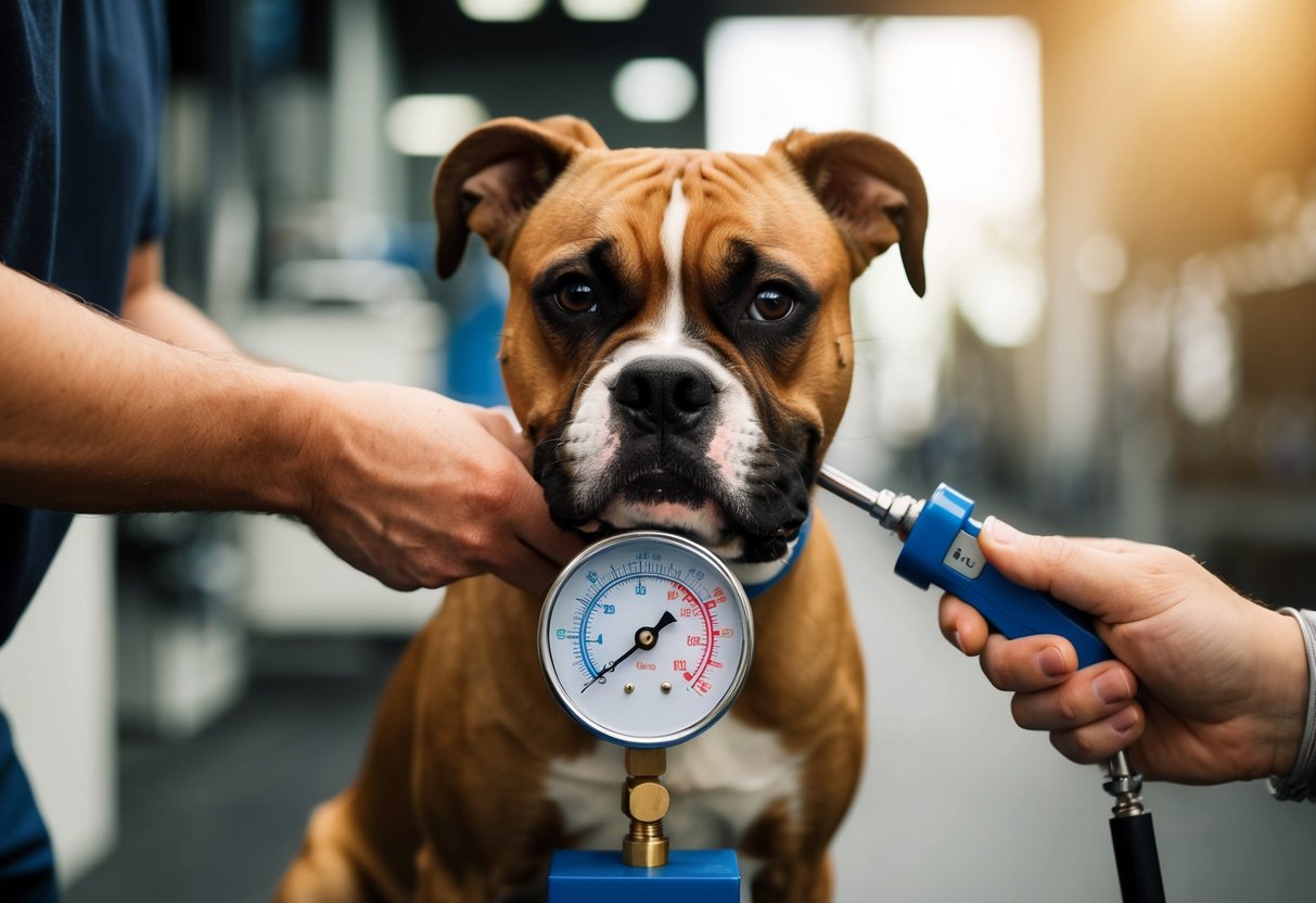 A boxer dog clamps down on a pressure gauge, while another measures the bite force with a device