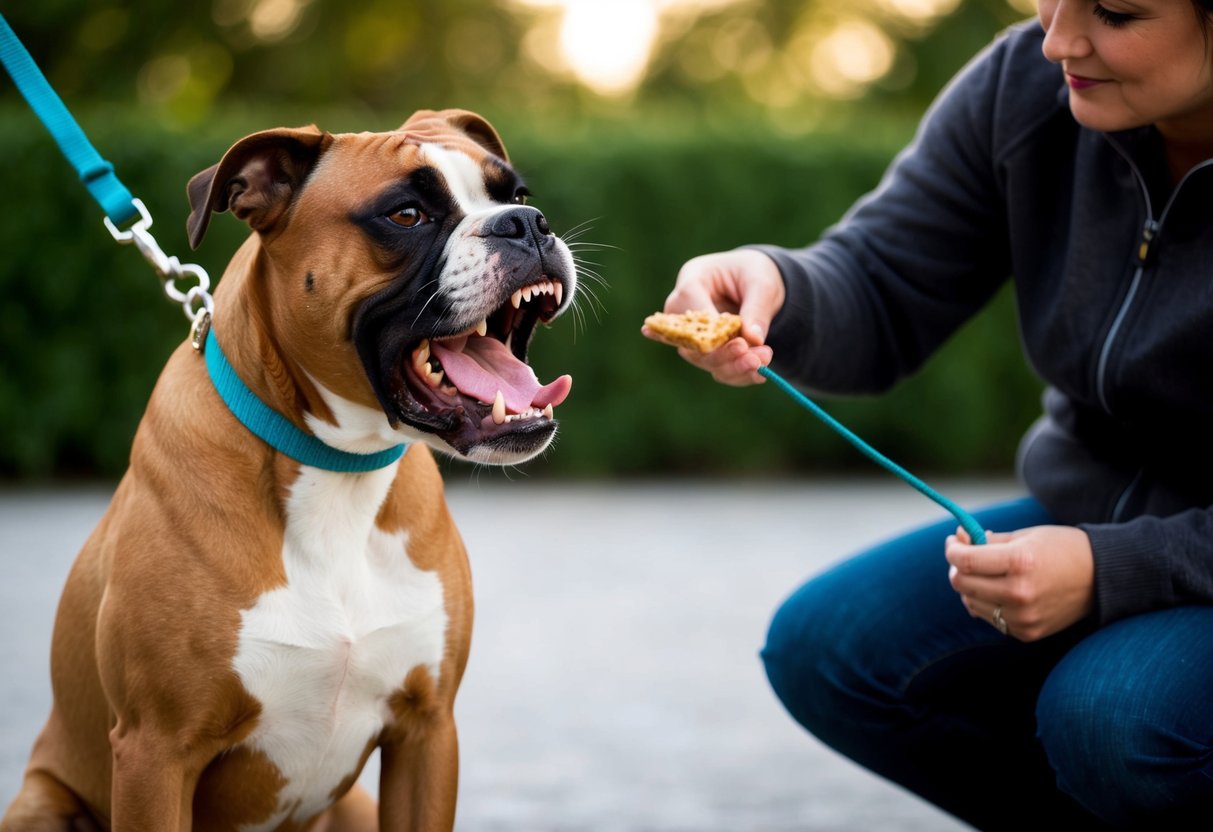 A boxer dog growls, baring its teeth, as a person gently restrains it with a leash and calmly redirects its attention with a treat