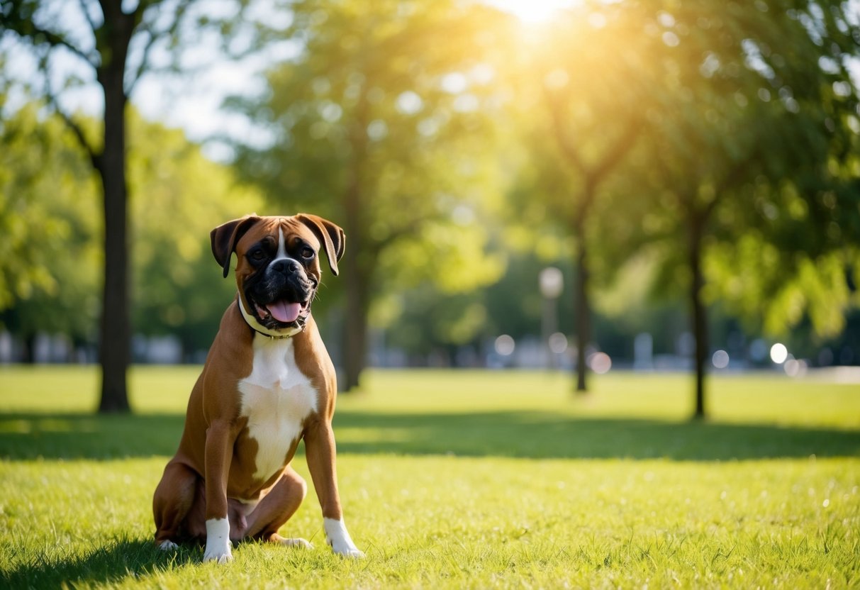 A happy boxer dog sits alone in a sunlit park, wagging its tail eagerly