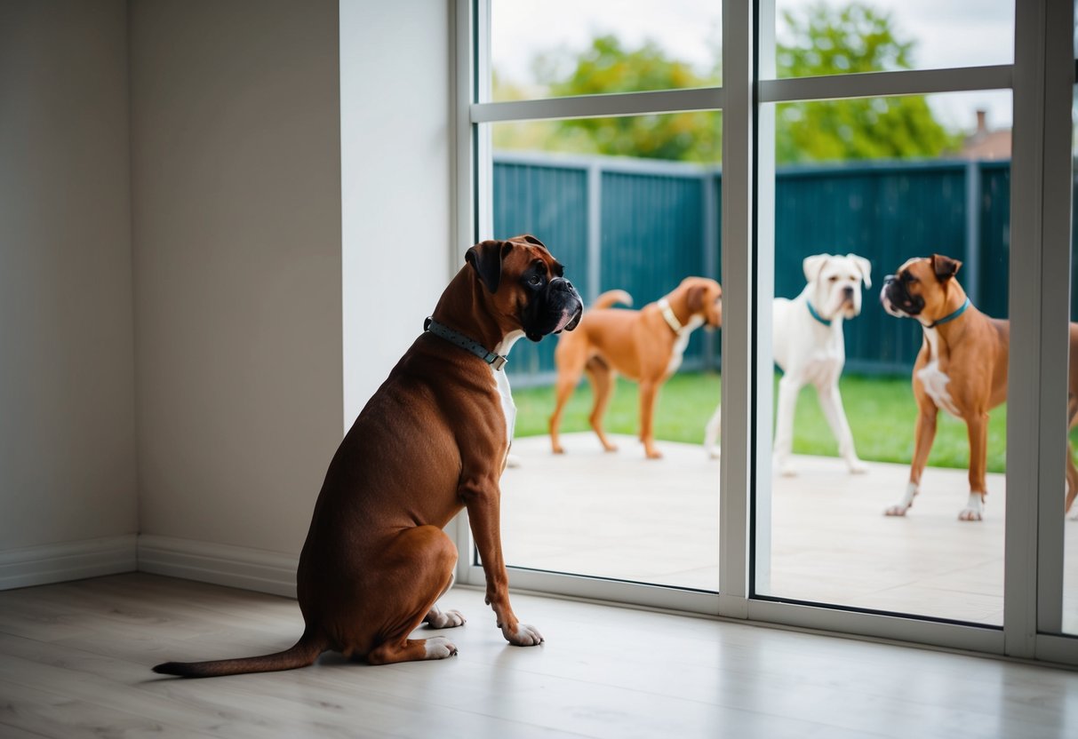 A boxer dog sitting alone in a spacious, well-lit room, looking out a window at a fenced-in yard with other dogs playing and socializing
