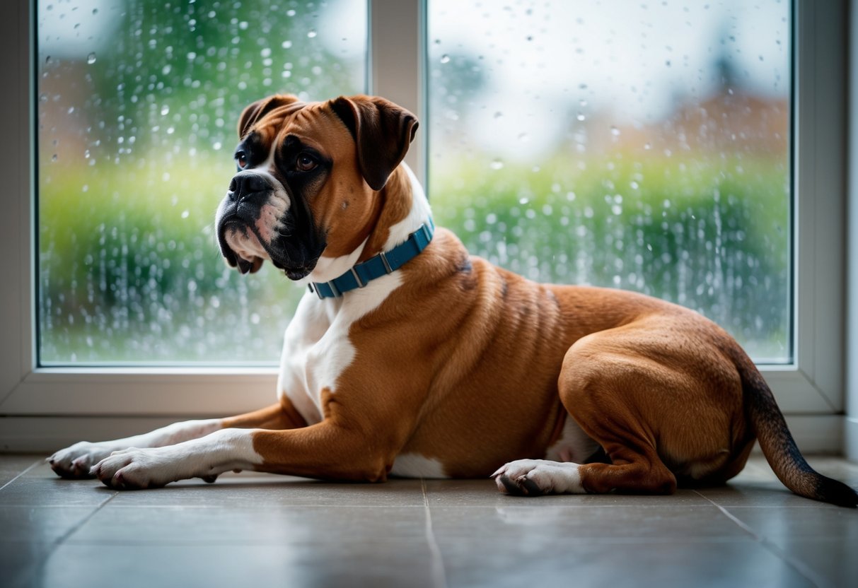 A boxer dog lying on the floor with a droopy posture, looking out a window on a rainy day