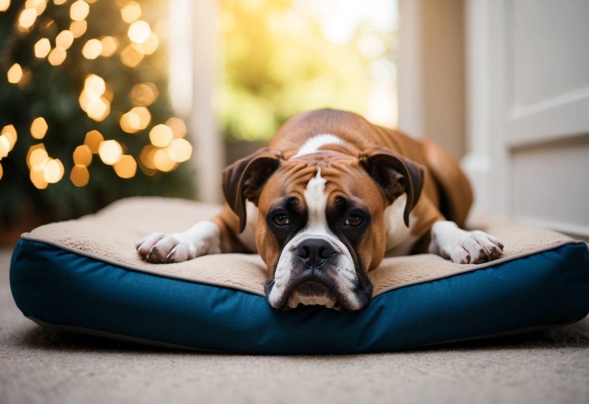 A boxer dog lying listlessly on a dog bed, with droopy ears and a sad expression on its face