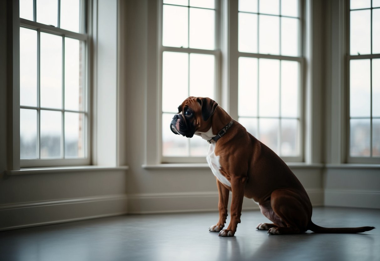 A solitary boxer dog sits alone in a spacious room, gazing out of a window with a pensive expression. The dog's body language suggests a mix of independence and longing for companionship