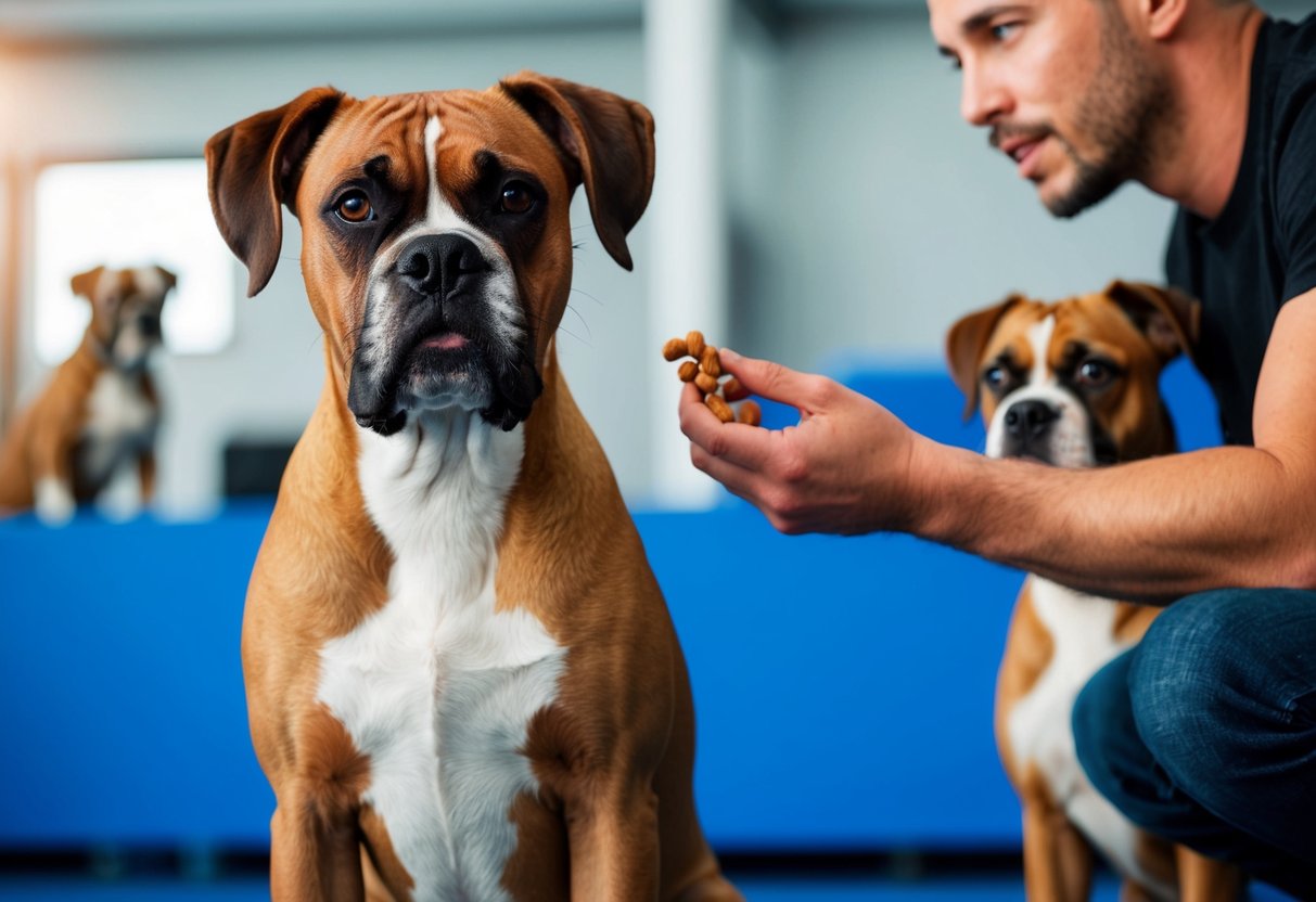 A boxer dog sits attentively, ears perked, in front of a trainer holding a treat. Another dog watches from the background
