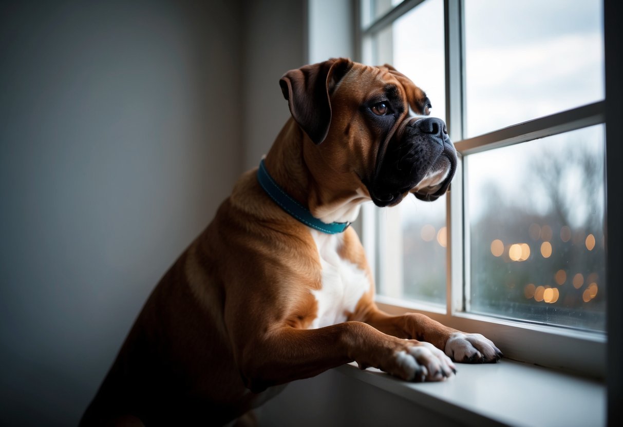 A boxer dog sitting alone in a dimly lit room, looking out the window with a sad expression on its face