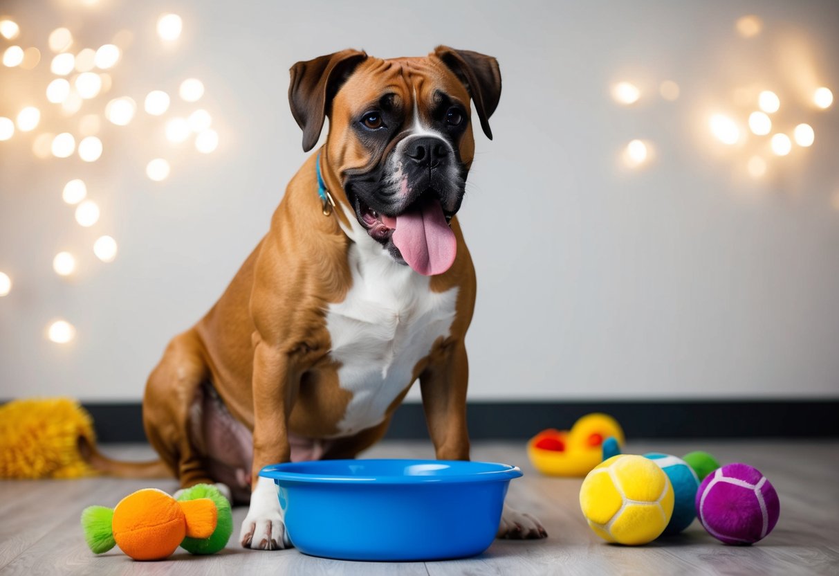 A boxer dog sits with tongue out, panting heavily, surrounded by water bowl and toys