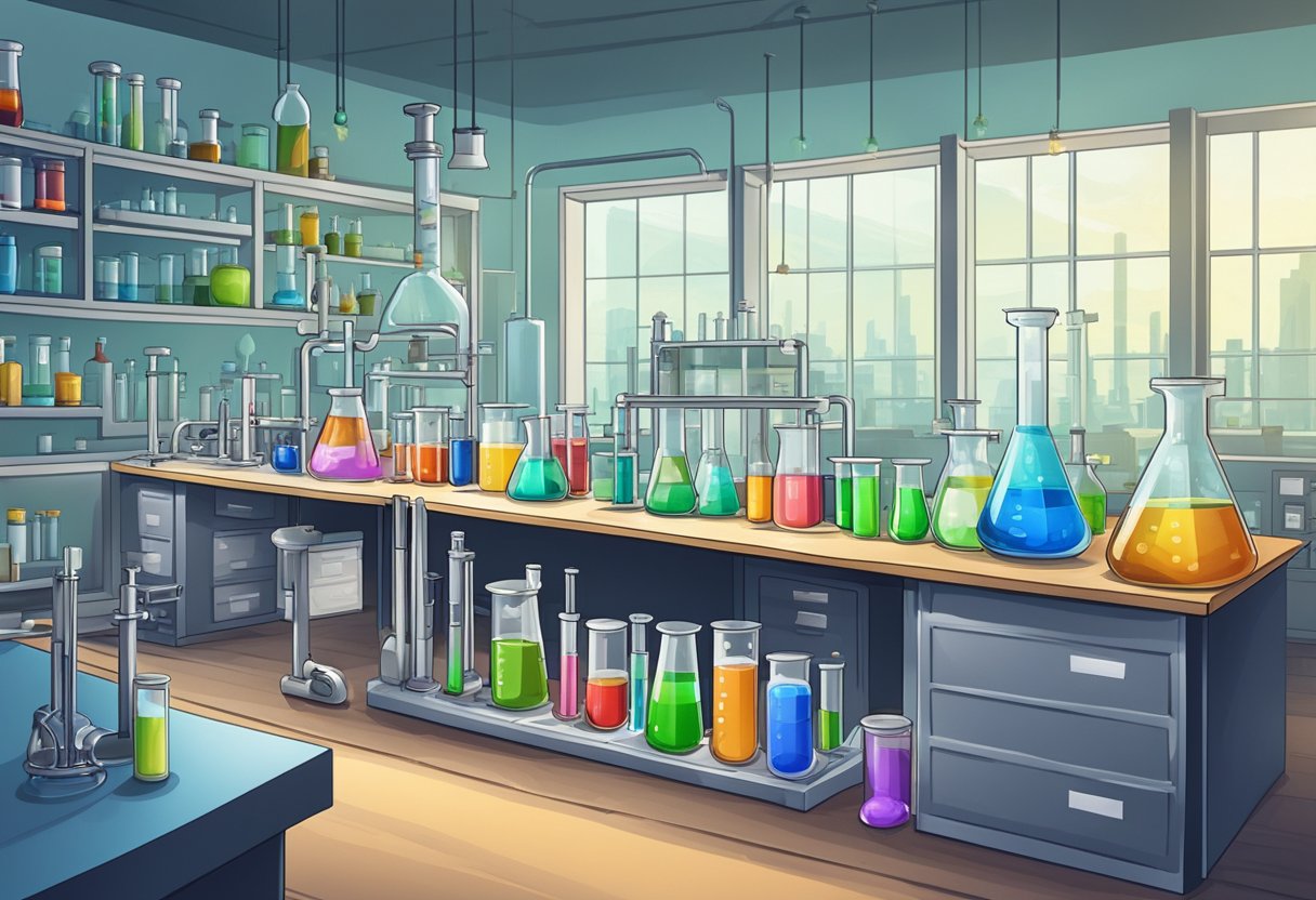 A laboratory setting with beakers, test tubes, and a variety of chemical compounds on a lab bench