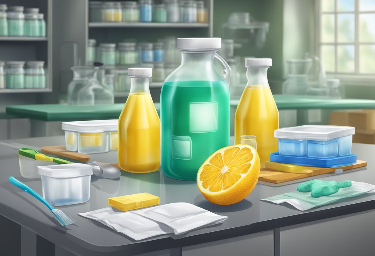 A laboratory table holds containers of citric acid and sodium chlorite, with safety goggles and gloves nearby